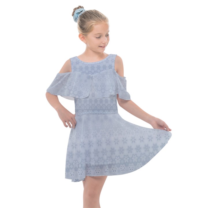 Faded Blue Floral Print Kids  Shoulder Cutout Chiffon Dress