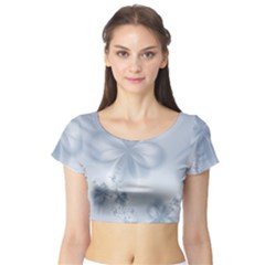 Faded Blue Floral Print Short Sleeve Crop Top by SpinnyChairDesigns