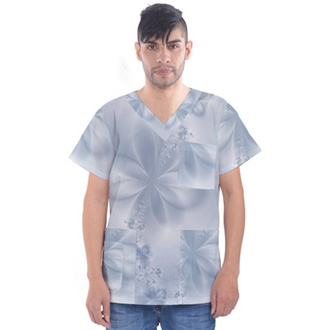 Faded Blue Floral Print Men s V-neck Scrub Top by SpinnyChairDesigns