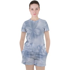 Faded Blue Floral Print Women s Tee And Shorts Set