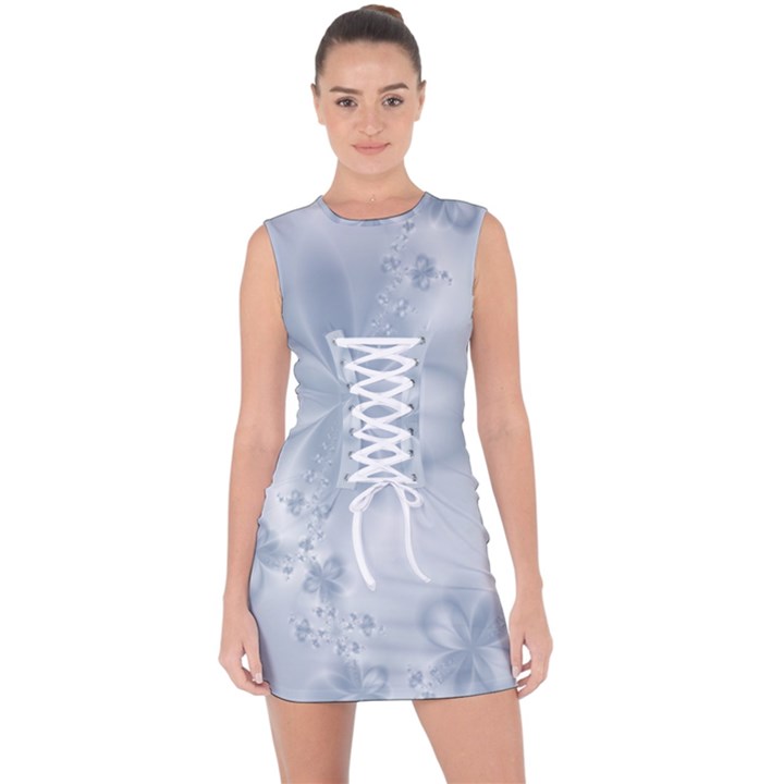 Faded Blue Floral Print Lace Up Front Bodycon Dress