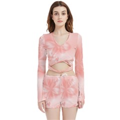 Pastel Coral Floral Print Velvet Wrap Crop Top