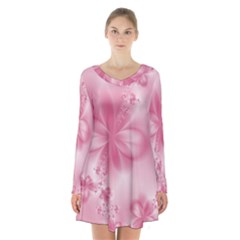 Blush Pink Floral Print Long Sleeve Velvet V-neck Dress by SpinnyChairDesigns