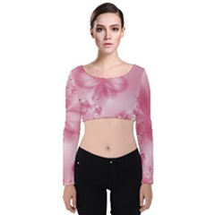 Blush Pink Floral Print Velvet Long Sleeve Crop Top by SpinnyChairDesigns