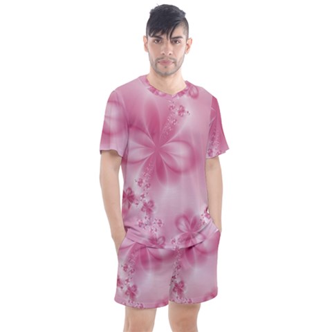 Blush Pink Floral Print Men s Mesh Tee And Shorts Set by SpinnyChairDesigns