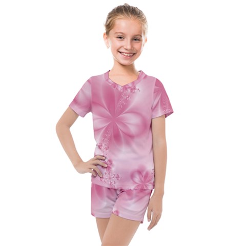 Blush Pink Floral Print Kids  Mesh Tee And Shorts Set by SpinnyChairDesigns