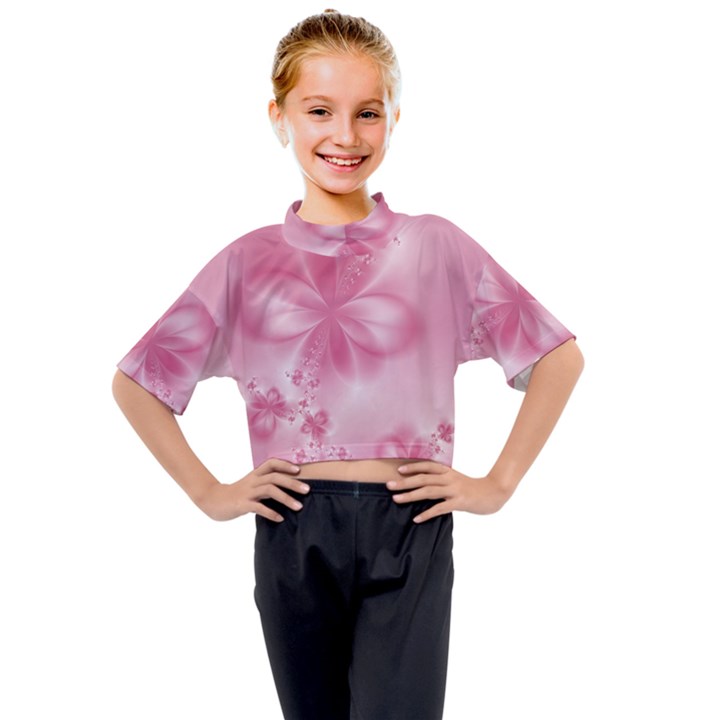 Blush Pink Floral Print Kids Mock Neck Tee