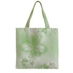 Tea Green Floral Print Zipper Grocery Tote Bag by SpinnyChairDesigns