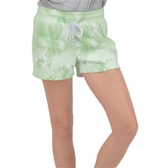 Tea Green Floral Print Velour Lounge Shorts by SpinnyChairDesigns