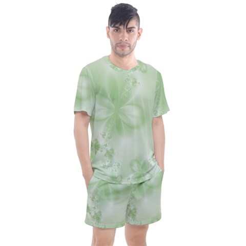 Tea Green Floral Print Men s Mesh Tee And Shorts Set by SpinnyChairDesigns