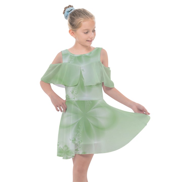 Tea Green Floral Print Kids  Shoulder Cutout Chiffon Dress