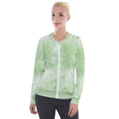 Tea Green Floral Print Velour Zip Up Jacket by SpinnyChairDesigns