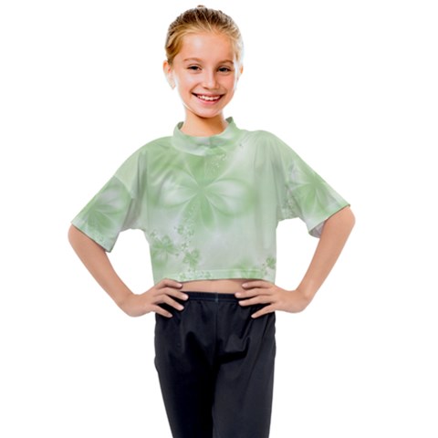 Tea Green Floral Print Kids Mock Neck Tee by SpinnyChairDesigns