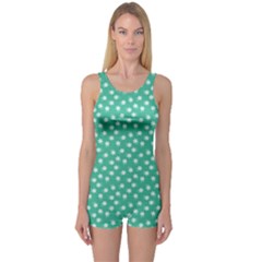 Biscay Green White Floral Print One Piece Boyleg Swimsuit by SpinnyChairDesigns