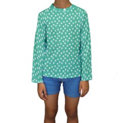 Biscay Green White Floral Print Kids  Long Sleeve Swimwear by SpinnyChairDesigns