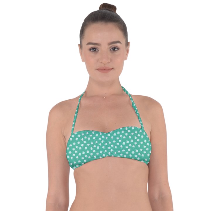 Biscay Green White Floral Print Halter Bandeau Bikini Top