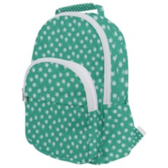 Biscay Green White Floral Print Rounded Multi Pocket Backpack by SpinnyChairDesigns