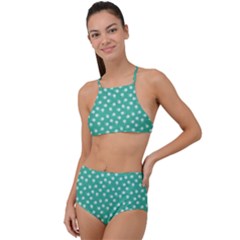 Biscay Green White Floral Print High Waist Tankini Set by SpinnyChairDesigns