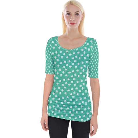 Biscay Green White Floral Print Wide Neckline Tee by SpinnyChairDesigns