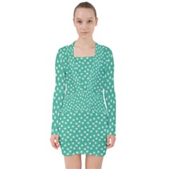 Biscay Green White Floral Print V-neck Bodycon Long Sleeve Dress by SpinnyChairDesigns