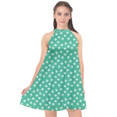 Biscay Green White Floral Print Halter Neckline Chiffon Dress  by SpinnyChairDesigns