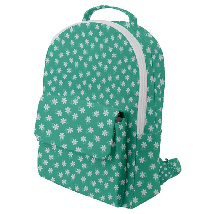 Biscay Green White Floral Print Flap Pocket Backpack (Small)