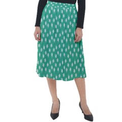 Biscay Green White Floral Print Classic Velour Midi Skirt  by SpinnyChairDesigns