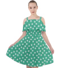 Biscay Green White Floral Print Cut Out Shoulders Chiffon Dress by SpinnyChairDesigns