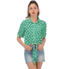 Biscay Green White Floral Print Tie Front Shirt  by SpinnyChairDesigns