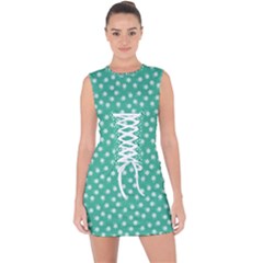 Biscay Green White Floral Print Lace Up Front Bodycon Dress by SpinnyChairDesigns