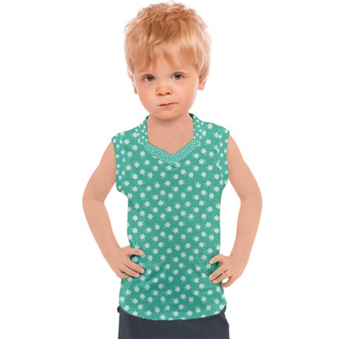 Biscay Green White Floral Print Kids  Sport Tank Top by SpinnyChairDesigns