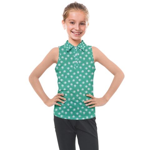 Biscay Green White Floral Print Kids  Sleeveless Polo Tee by SpinnyChairDesigns