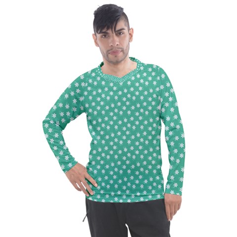 Biscay Green White Floral Print Men s Pique Long Sleeve Tee by SpinnyChairDesigns