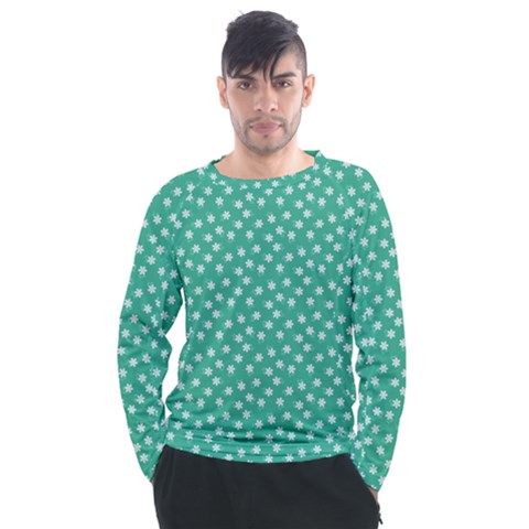 Biscay Green White Floral Print Men s Long Sleeve Raglan Tee by SpinnyChairDesigns