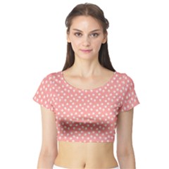 Coral Pink White Floral Print Short Sleeve Crop Top by SpinnyChairDesigns