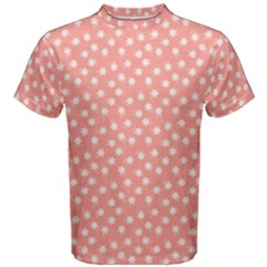 Coral Pink White Floral Print Men s Cotton Tee by SpinnyChairDesigns