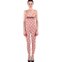 Coral Pink White Floral Print One Piece Catsuit by SpinnyChairDesigns