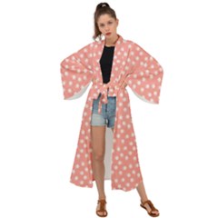 Coral Pink White Floral Print Maxi Kimono by SpinnyChairDesigns