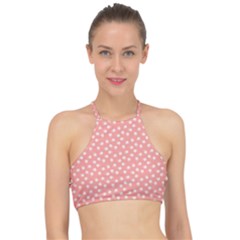 Coral Pink White Floral Print Racer Front Bikini Top by SpinnyChairDesigns