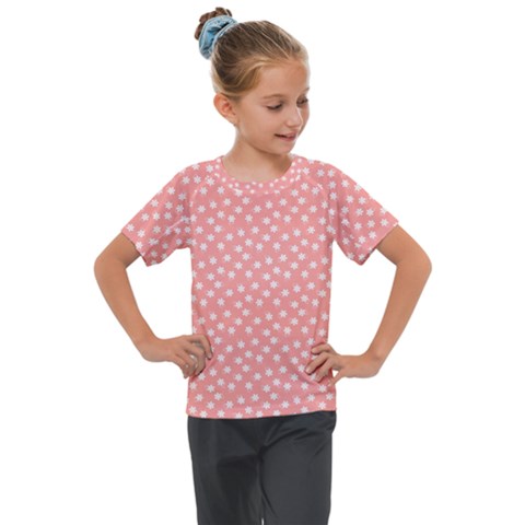 Coral Pink White Floral Print Kids  Mesh Piece Tee by SpinnyChairDesigns