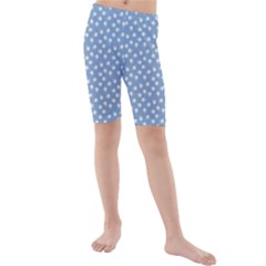 Faded Blue White Floral Print Kids  Mid Length Swim Shorts by SpinnyChairDesigns