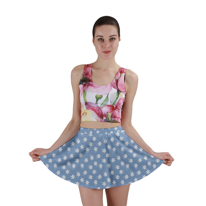 Faded Blue White Floral Print Mini Skirt