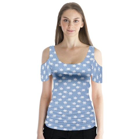 Faded Blue White Floral Print Butterfly Sleeve Cutout Tee  by SpinnyChairDesigns