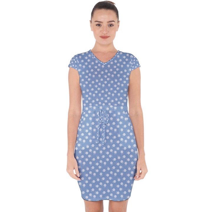 Faded Blue White Floral Print Capsleeve Drawstring Dress 