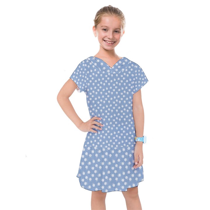 Faded Blue White Floral Print Kids  Drop Waist Dress