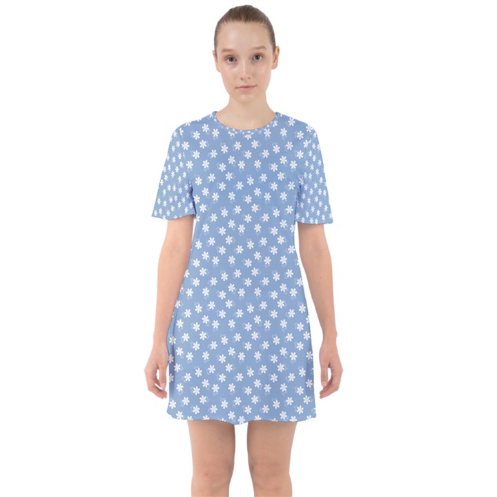 Faded Blue White Floral Print Sixties Short Sleeve Mini Dress