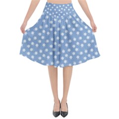 Faded Blue White Floral Print Flared Midi Skirt by SpinnyChairDesigns