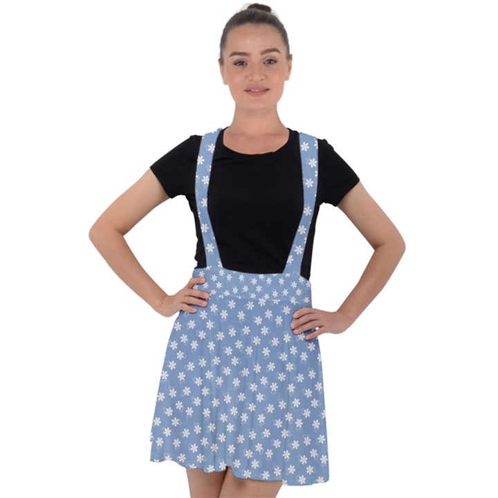 Faded Blue White Floral Print Velvet Suspender Skater Skirt