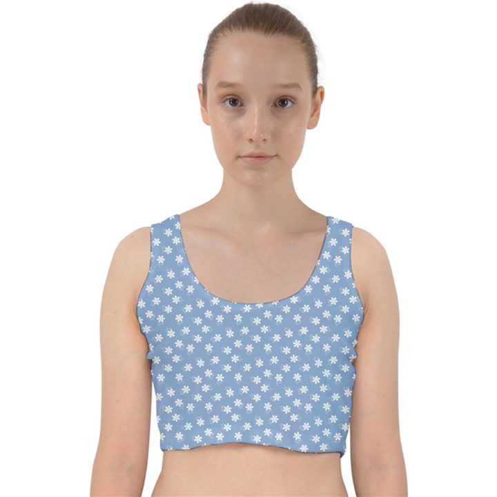 Faded Blue White Floral Print Velvet Racer Back Crop Top