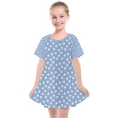 Faded Blue White Floral Print Kids  Smock Dress by SpinnyChairDesigns